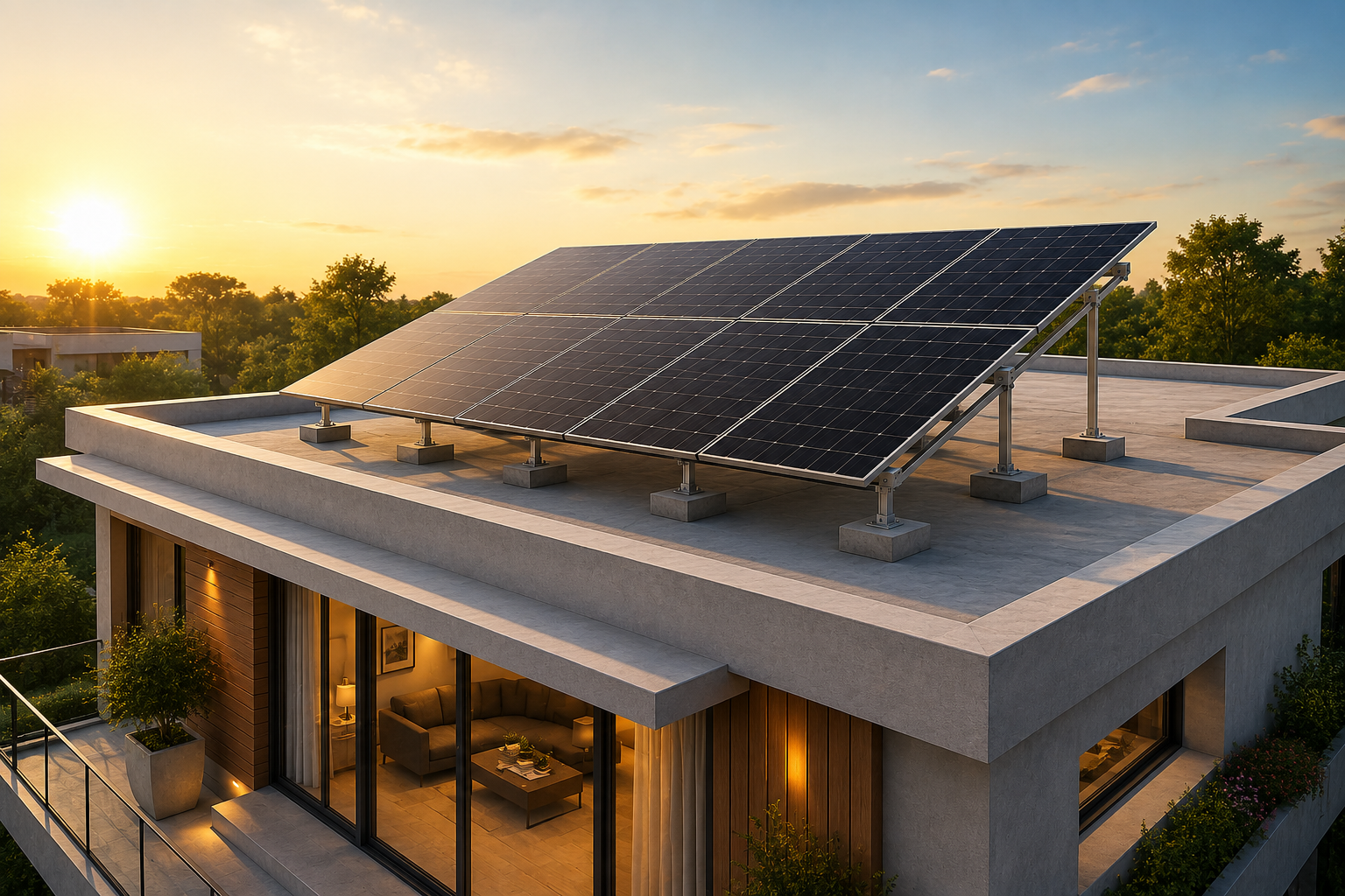 Modern home with rooftop solar panels at golden hour in Maharashtra